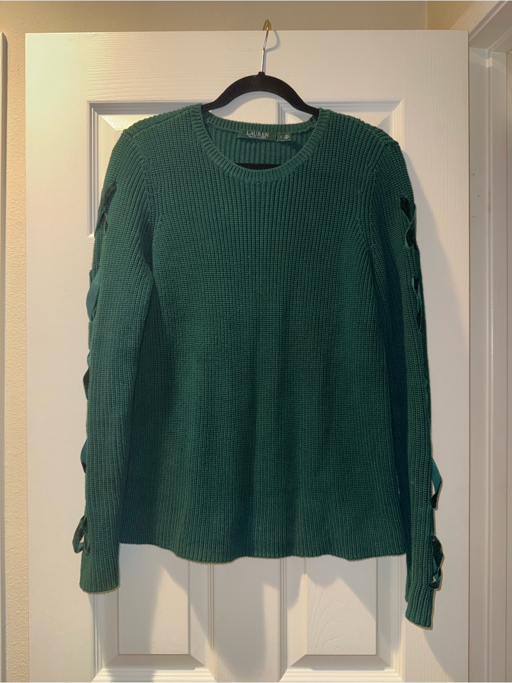 Lauren Ralph Lauren Dark Green Crewneck Sweater with Velvet Lace-Up Sleeve - Picture 2 of 5